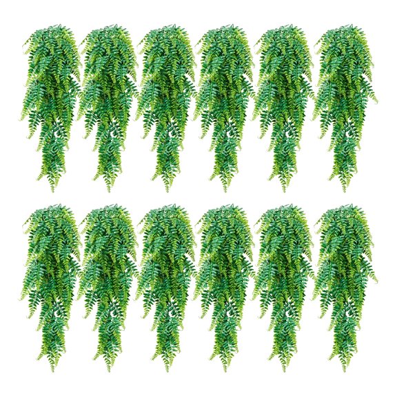 VEVOR Artificial Ferns, 12 Pcs Fake Hanging Boston Fern Bush Plant with 32 Inch Hanging Length, Plastic Faux Greenery for Indoor/Outdoor Decor, For Wall, Wedding Party, Home, Porch Garden, No Basket