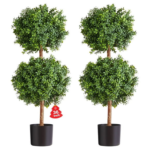 VEVOR Artificial Topiary Boxwood Double Ball, 2 Set 36 inch Faux Boxwood Plant Balls, Fake Silk Tree Look Real, Easy Assembly for Decor Front Porch Outdoor Patio Garden Balcony Backyard Indoor