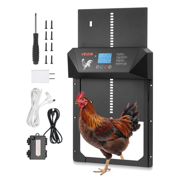VEVOR Automatic Chicken Coop Door, DC & Battery Powered Chicken Door with LCD Display, Light Sensor, Timer & Manual Setting, Anti-Pinch Security,Durable Aluminum Alloy, Chick Run Gate Opener for Farm