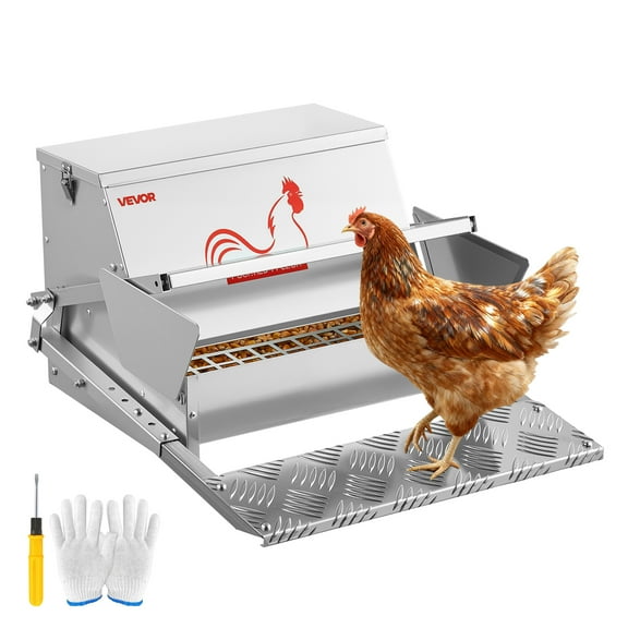 VEVOR Automatic Chicken Feeder, 25 lbs Capacity, Rainproof Treadle Poultry Feeder with Lockable Lid, No Waste, Galvanized Steel Construction, Outdoor Use, for Chicken, Bantams, Poultry, Pheasants