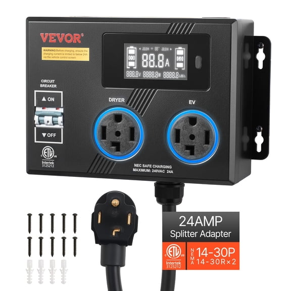 VEVOR Automatic EV Charging Switch, NEMA 14-30, Splitter Switch for Dryer & EV Charger, 24A Max 240V Smart Power Distribution with Circuit Breaker, Real-Time Display, for EVs, Ovens, Dishwashers, ETL