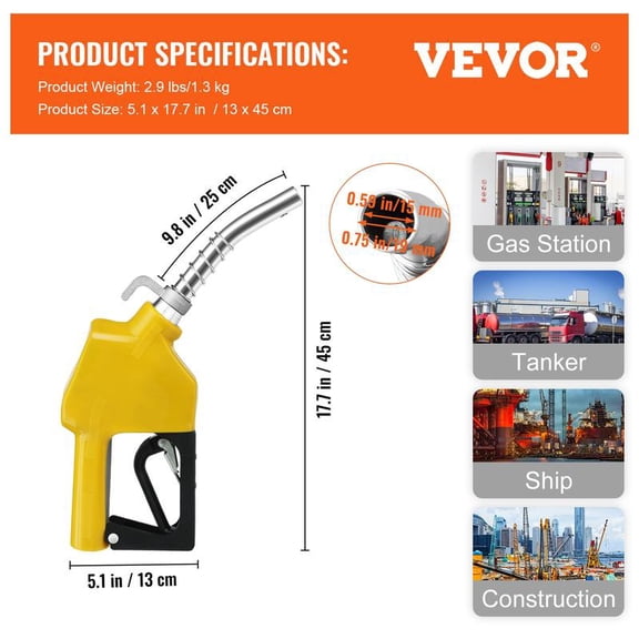 VEVOR Automatic Fuel Nozzle, 3/4" NPT Inlet Thread & 13-15/16" Spout, 11/16 GPM Max Flow Rate, Auto Shut Off, Aluminum & PVC Gas Pump Handle with 360 °   Swivel for Gasoline Diesel Kerosene