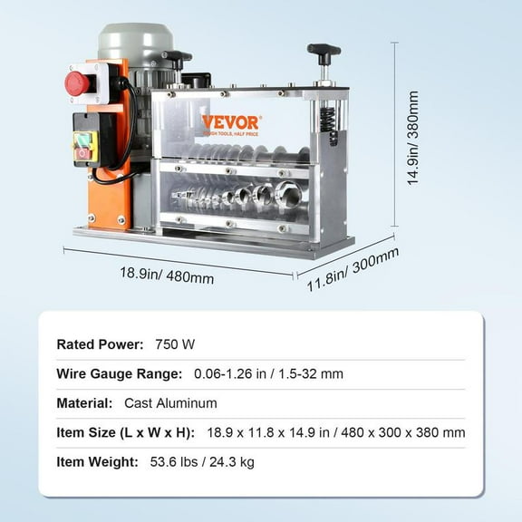 VEVOR Automatic Wire Stripping Machine, 0.06''-1.26'' Electric Motorized Cable Stripper, 750 W, 98 ft/min Wire Peeler with Visible Stripping Depth Reference, 10 Channels for Scrap Copper Recycling