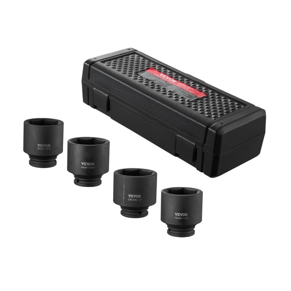 VEVOR Axle Nut Impact Socket Set, 1/2" Drive 6-Point 4-Piece SAE Spindle Nut Socket Set, CR-MO Heat Treated Large Socket Set with Storage Case, for Auto Repair, Removing or Installing Axle Nuts