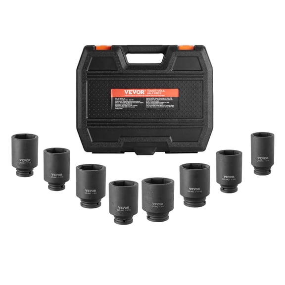 VEVOR Axle Nut Impact Socket Set, 1/2" Drive Deep 12-Point 8-Piece Metric Spindle Nut Socket Set, CR-MO Heat Treated Large Socket Set with Storage Case, Auto Repair, Removing or Installing Axle Nuts