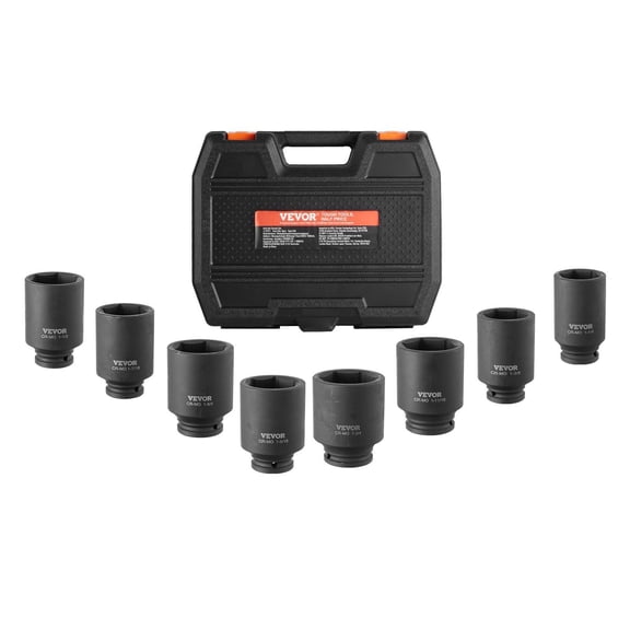 VEVOR Axle Nut Impact Socket Set, 1/2" Drive Deep 12-Point 8-Piece Metric Spindle Nut Socket Set, CR-MO Heat Treated Large Socket Set with Storage Case, Auto Repair, Removing or Installing Axle Nuts