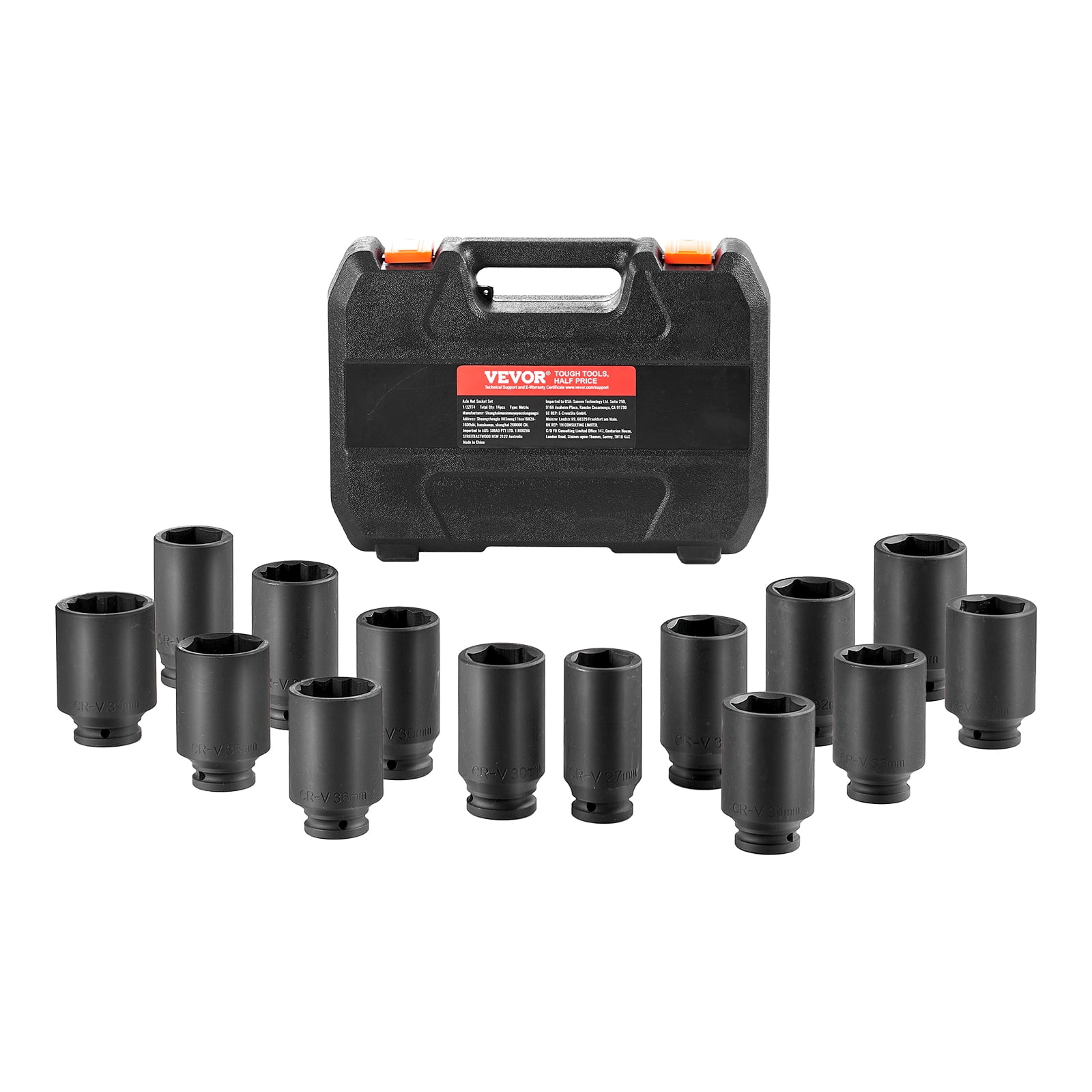 VEVOR Axle Nut Impact Socket Set, 1/2" Drive Deep 6+12-Point 14-Piece Metric Spindle Nut Socket Set, CR-V Heat Treated Large Socket Set with Storage Case, Auto Repair,Removing or Installing Axle Nuts