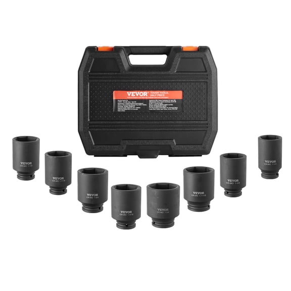 VEVOR Axle Nut Impact Socket Set, 1/2" Drive Deep 6-Point 8-Piece SAE Spindle Nut Socket Set, CR-MO Heat Treated Large Socket Set with Storage Case, for Auto Repair, Removing or Installing Axle Nuts