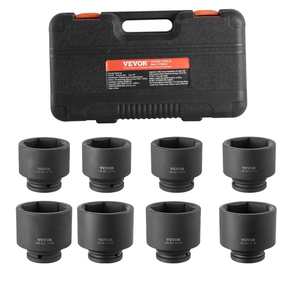 VEVOR Axle Nut Impact Socket Set, 3/4" Drive 6-Point 8-Piece SAE Spindle Nut Socket Set, CR-MO Heat Treated Large Socket Set with Storage Case, for Auto Repair, Removing or Installing Axle Nuts