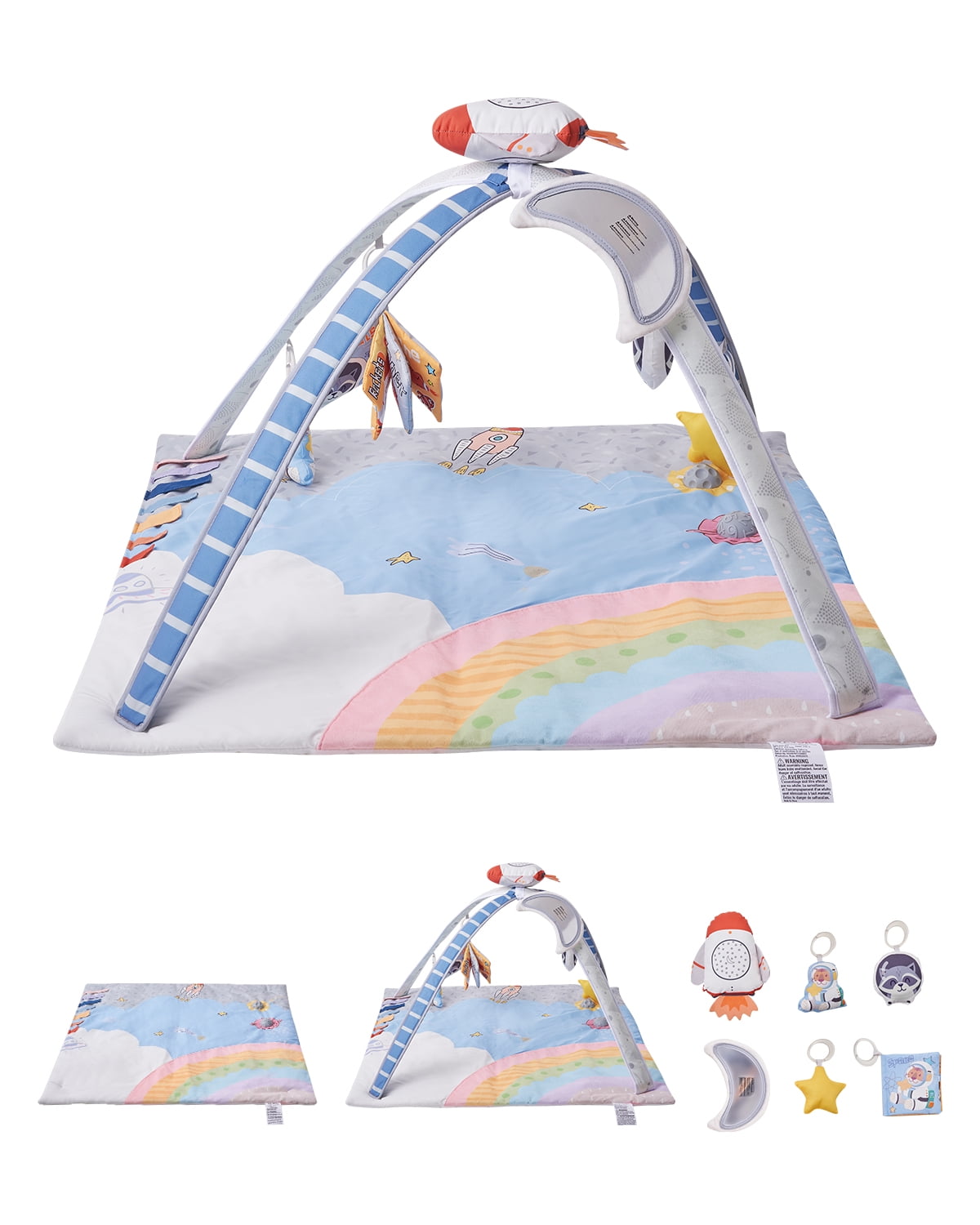 VEVOR Baby Play Gym Mat,Tummy Time Mat with 6 Sensory Toys, Baby Activity Mat with Light-up Musical Rocket Toy for 0-18 Month Newborn Infant, Baby Essential Gift for Sensory & Motor Skill Development