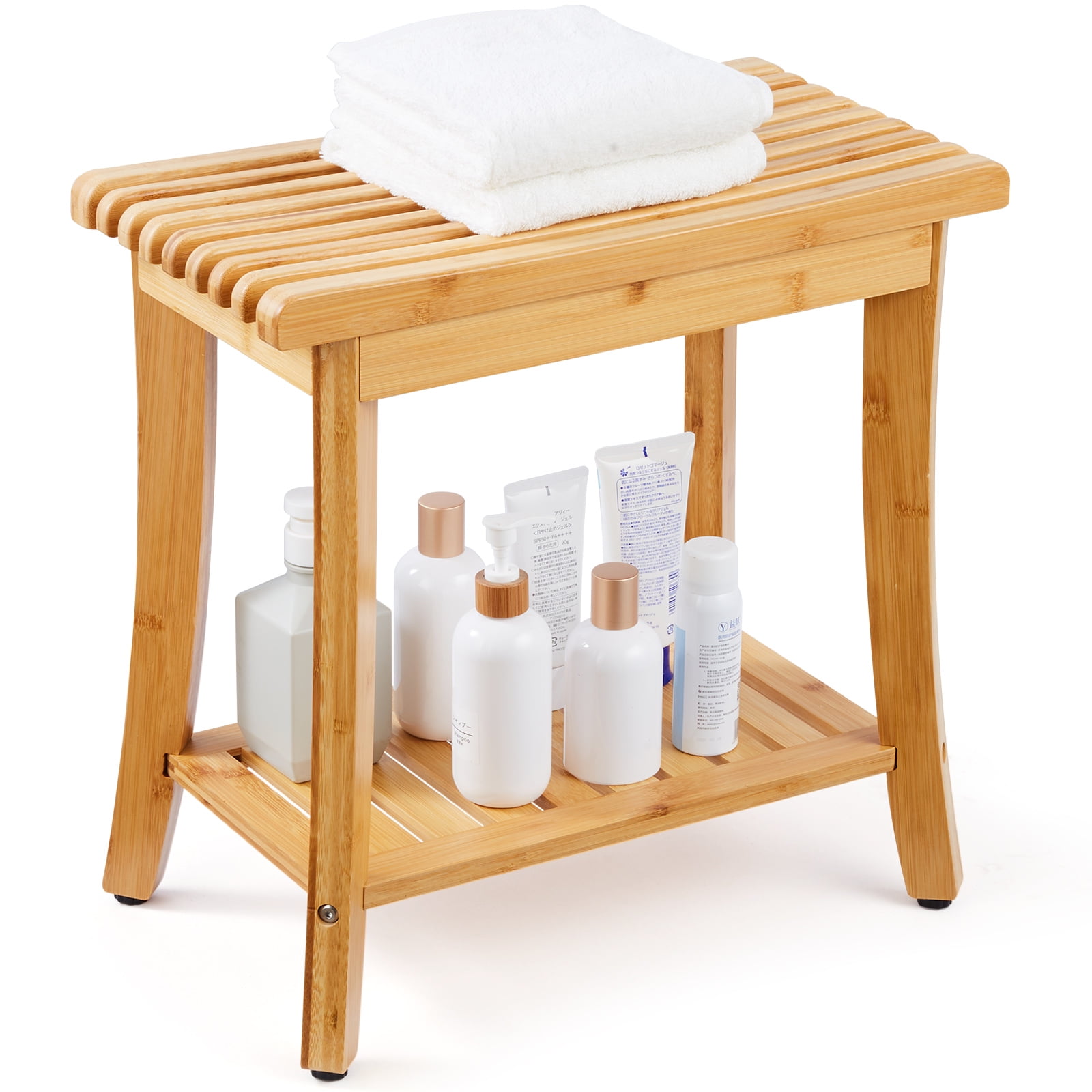 VEVOR Bamboo Shower Bench, 19.1 x 11.3 x 18.3 in, Waterproof Shower Stool Chair with Storage Shelf, 330lbs Load Capacity Spa Bath Seat Organizer, for Adults Seniors Women Elderly Indoor Outdoor