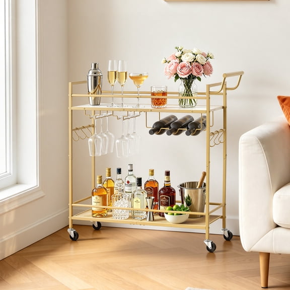 VEVOR Bar Cart, 2 Tiers Home Kitchen Serving Carts, Modern Rolling Utility Station on Wheel, Mobile Drink Beverage Trolley with Wooden & Mesh Shelf, Wine Rack, Glass Holder, 33.86x11.81x32.68 in,Gold