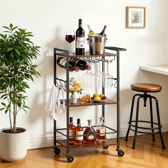 VEVOR Bar Cart, 3 Tiers Home Kitchen Serving Carts, Industrial Rolling Utility Station on Wheel, Mobile Drink Beverage Shelf with Wine Rack & Glass Holder, 20.08x11.02x33.07 in,Rustic Brown and Black