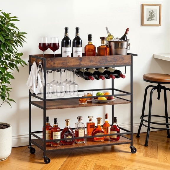 VEVOR Bar Cart, 3 Tiers Home Kitchen Serving Carts, Industrial Rolling Utility Station on Wheel, Mobile Drink Beverage Shelf with Wine Rack & Glass Holder, 34.64x14.17x32.68 in,Rustic Brown and Black