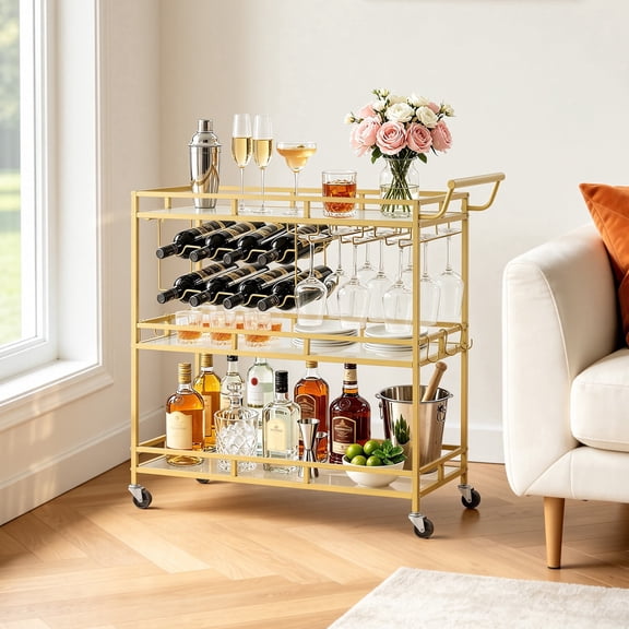VEVOR Bar Cart, 3 Tiers Home Kitchen Serving Carts, Modern Rolling Utility Station on Wheels, Drink Beverage Trolley with Tempered Glass Shelves, Wine Rack, Glass Holder, for Living Dining Room, Gold