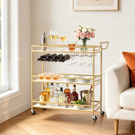 VEVOR Bar Cart, 3 Tiers Home Kitchen Serving Carts, Modern Rolling Utility Station on Wheels, Mobile Drink Beverage Trolley with Wooden Shelf, Wine Rack, and Glass Holder, 35.83x12.99x36.81 in, Gold