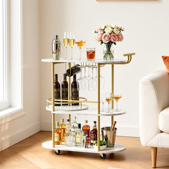 VEVOR Bar Cart, 3 Tiers Home Kitchen Serving Carts, Modern Round Rolling Utility Station on Wheels, Mobile Drink Beverage Trolley w/ Wooden Shelf, Wine Rack, Glass Holder, for Living Dining Room,Gold