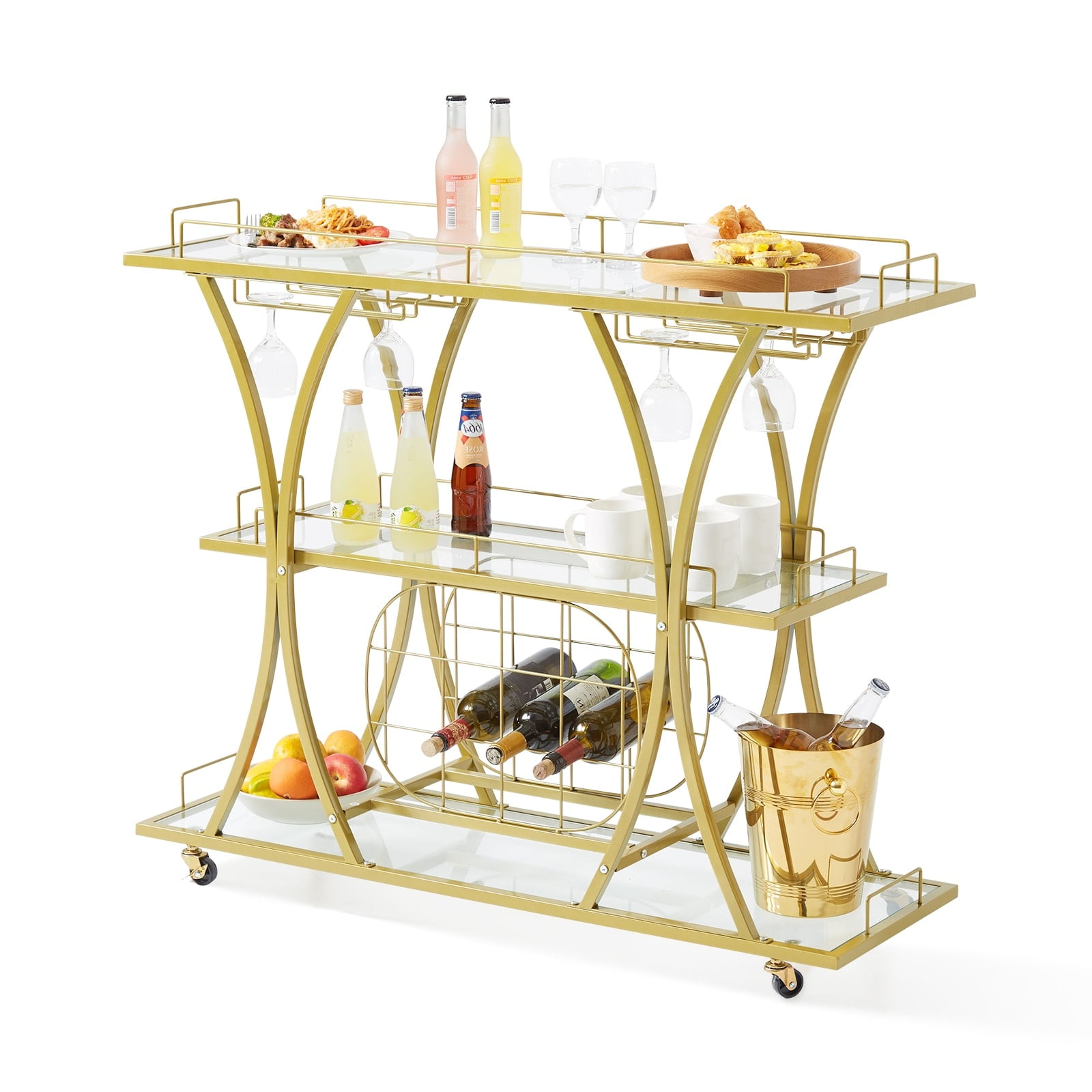 Gold 3-Tier Bar Cart with Glass Shelves and Wine Rack
