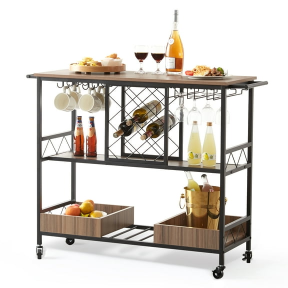 VEVOR Bar Cart, Home Serving Cart,3 Tiers 300 LBS Industrial Rolling Beverage Station on Lockable Wheels, Mobile Alcohol Drink Cart with Removable Tray Wine Rack Glass Holder for Kitchen Dining Room