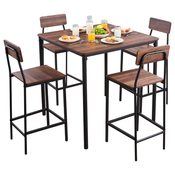 VEVOR Bar Table, 5PCS 35 Bars Tables Set, Bar Tables and Chair Set with Rounded Edge Design, Square Pub Table with Four Stools for Living Room, Dining Room, Kitchen, Walnut Color, Black