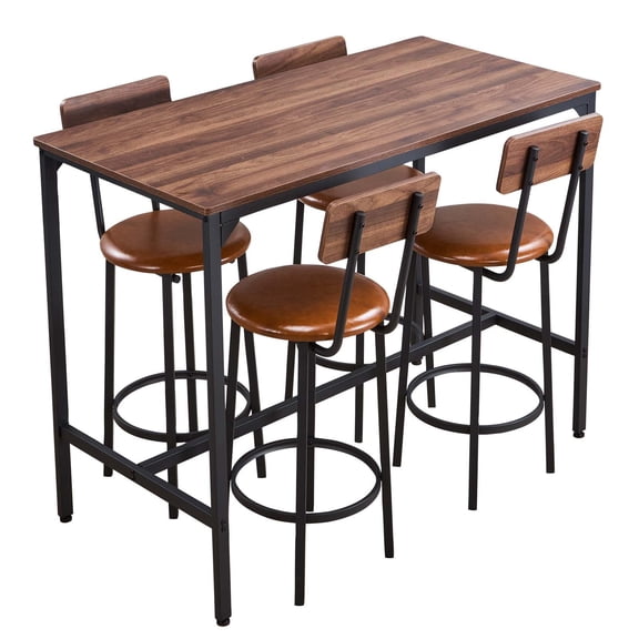 VEVOR Bar Table, 5PCS 47 Bars Tables Set, Bar Tables and Chair Set with Rounded Edge Design, Rectangular Pub Table with Four Stools for Living Room, Dining Room, Kitchen, Walnut Color, Black