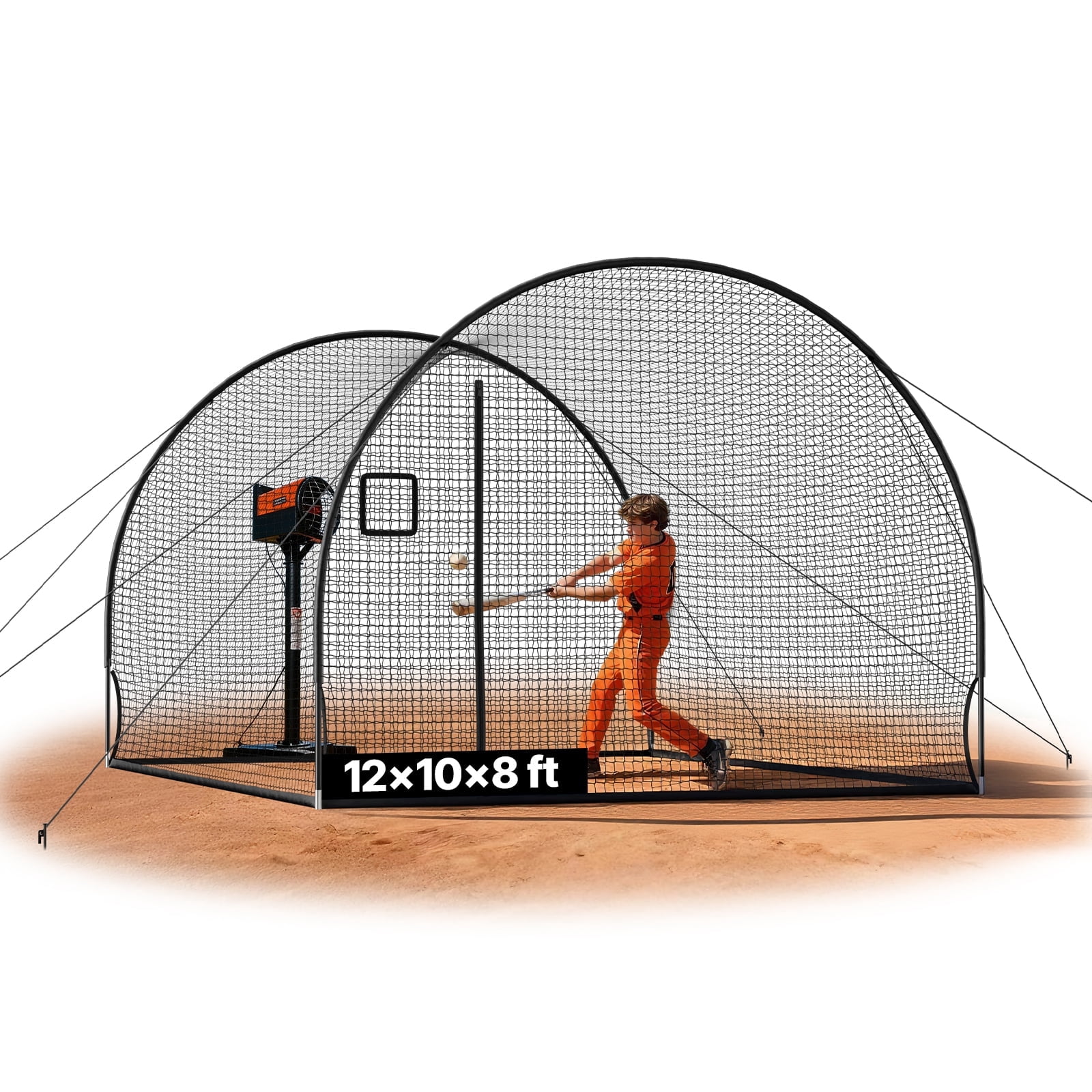 VEVOR Baseball Batting Cage, 12.0 x 10.2 x 7.6 FT Freestanding Portable Batting Cage, Hitting Cages with 4-Ply Knotless Polyester & Pitching Machine Opening, Battings Cages Netting for Outdoor