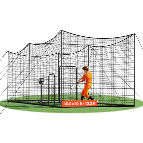 VEVOR Baseball Batting Cage, 35.0 x 10.5 x 10.2 FT Freestanding Portable Batting Cage, Hitting Cages with 45-Ply Knotted HDPE & Long Positioning Ropes, Battings Cages Netting for Indoor Outdoor