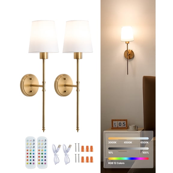 VEVOR Battery Operated Wall Sconce Set of 2, 4000mAh Rechargeable Wireless Wall Lights with Remote Control,30 Lighting Modes, 12 RGB Colors & Timer, Dimmable Wall Lamp for Living Room Bedroom Hallway