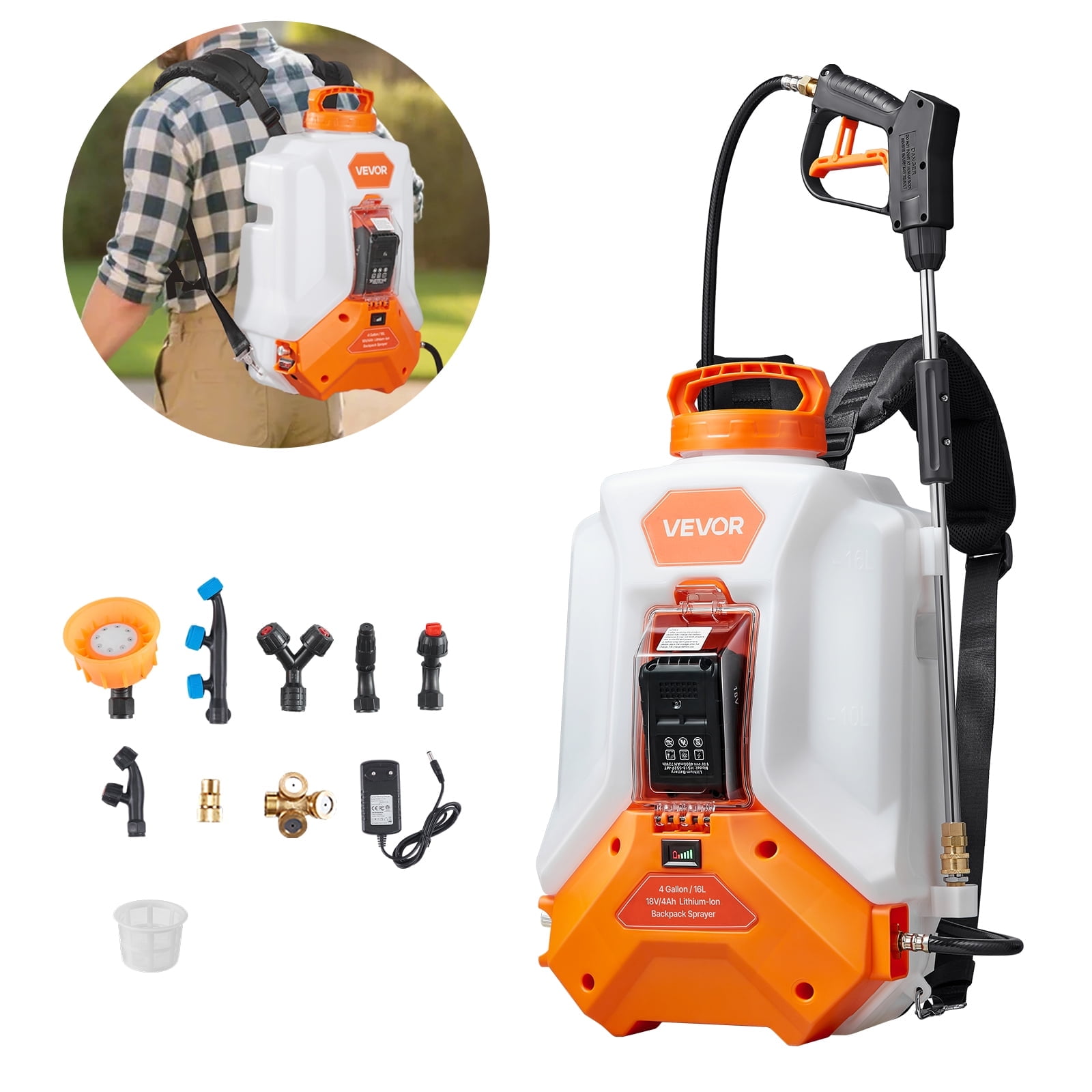 VEVOR - Battery Powered Backpack Sprayer, 4 Gallons Electric Backpack Sprayer, 2 Wands & 8 Nozzles, Adjustable 0-90 PSI - White + Orange - Thumbnail 3