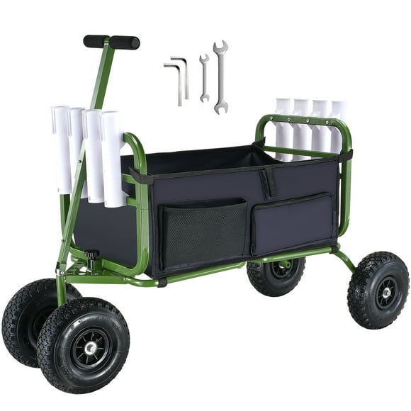 VEVOR Beach Fishing Cart, 300 lbs Load Capacity, Foldable Fish and Marine Cart with Four 11" Big Wheels Rubber Balloon Tires, Heavy-Duty Steel Pier Wagon Trolley with 8 Rod Holders for Picnic