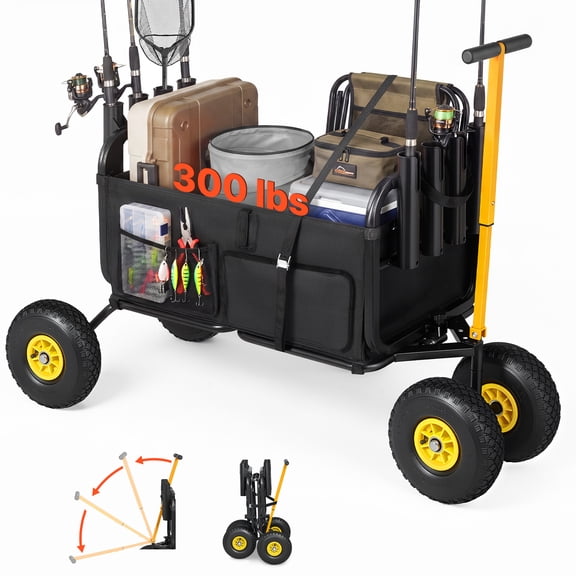VEVOR Beach Fishing Cart, 300 lbs Load Capacity, Foldable Fishing Cart with Heavy-Duty Carbon Steel Frame, 11-Inch All-Terrain Tires, 8 Rod Holders, Strap, Easy to Clean, for Outdoor Camping Picnic