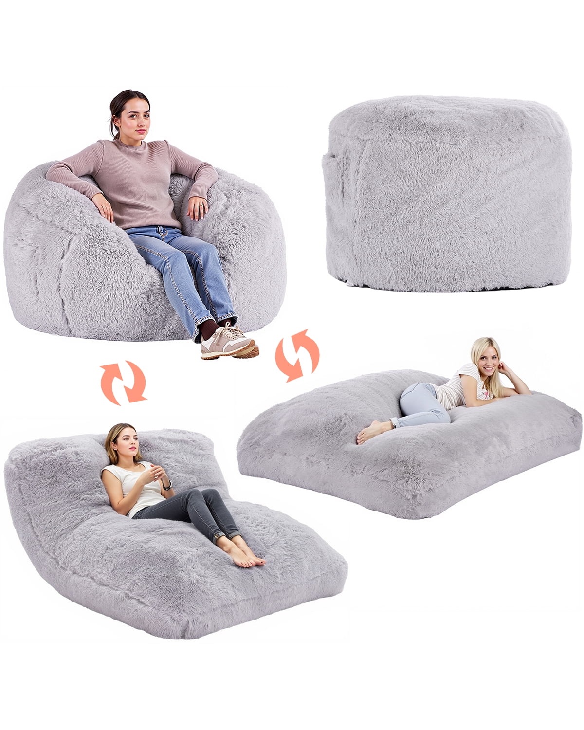 VEVOR Bean Bag Bed Chair, Convertible Chair from BeanBag to Lounge or Mattress, Gaint Bean Bag Chair Bed with Washable Cover for Adults, Fluffy Plush, Foam Filling and Side Pocket, Grey(Queen Size)