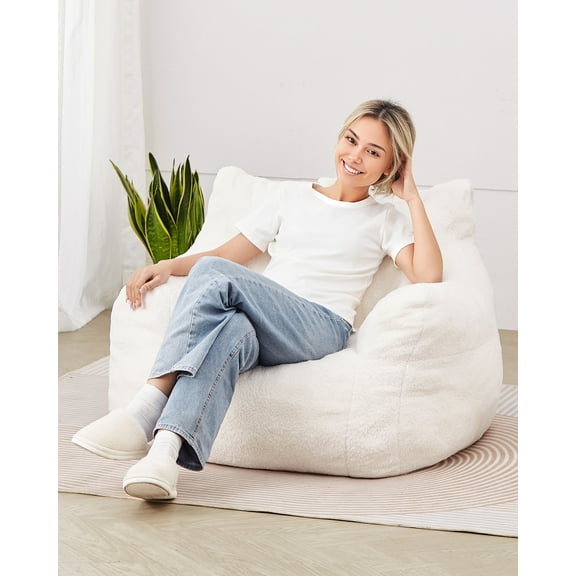 VEVOR Bean Bag Chair, 3 feet Bean Bag Chair with Soft Armrests and Storage Pocket, 25D Memory Foam Filled with Soft Teddy Velvet Cover, Bean Bag for Bedroom or Playroom, White