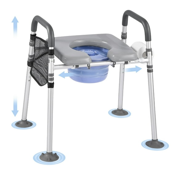 VEVOR Bedside Commode Chair, 500 lbs Capacity, 4-in-1 Portable Toilet and Raised Toilet Seat with Padded Seat & Armrest, Detachable 5L Bucket, Adjustable Height & Width Adult Potty Chair for Seniors