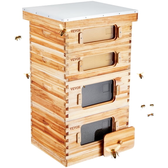 VEVOR Bee Hive 40 Frame Bee Hives Starter Kit, Beeswax Coated Fir Wood, 2 Deep + 2 Medium Bee Boxes Langstroth Beehive Kit, Transparent Acrylic Windows with Foundations