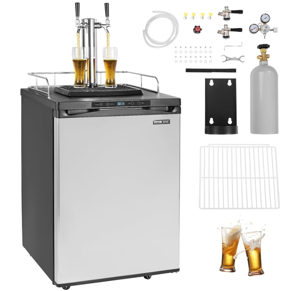 VEVOR Beer Kegerator, Dual Tap Draft Beer Dispenser, Full Size Keg Refrigerator With Shelf, CO2 Tank(No Gas), Drip Tray & Rail, 23°F- 82.4°F Temperature Control, 162L, Silver