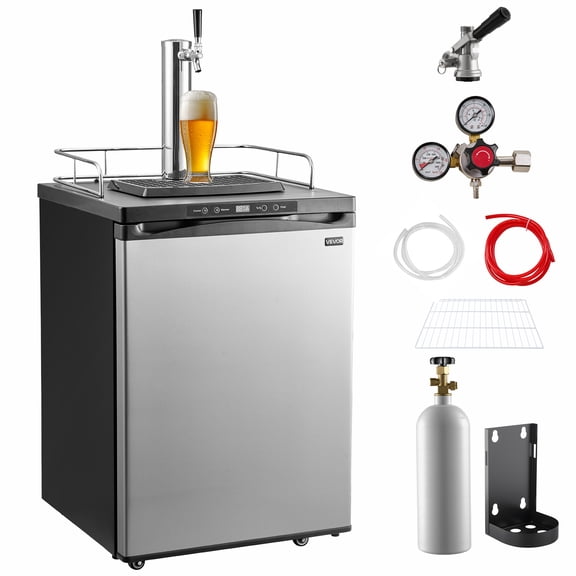 VEVOR Beer Kegerator, Single Tap Draft Beer Dispenser, Full Size Keg Refrigerator With Shelf, CO2 Tank(No Gas), Drip Tray & Rail, 23F- 82.4F Temperature Control, 162L, Silver