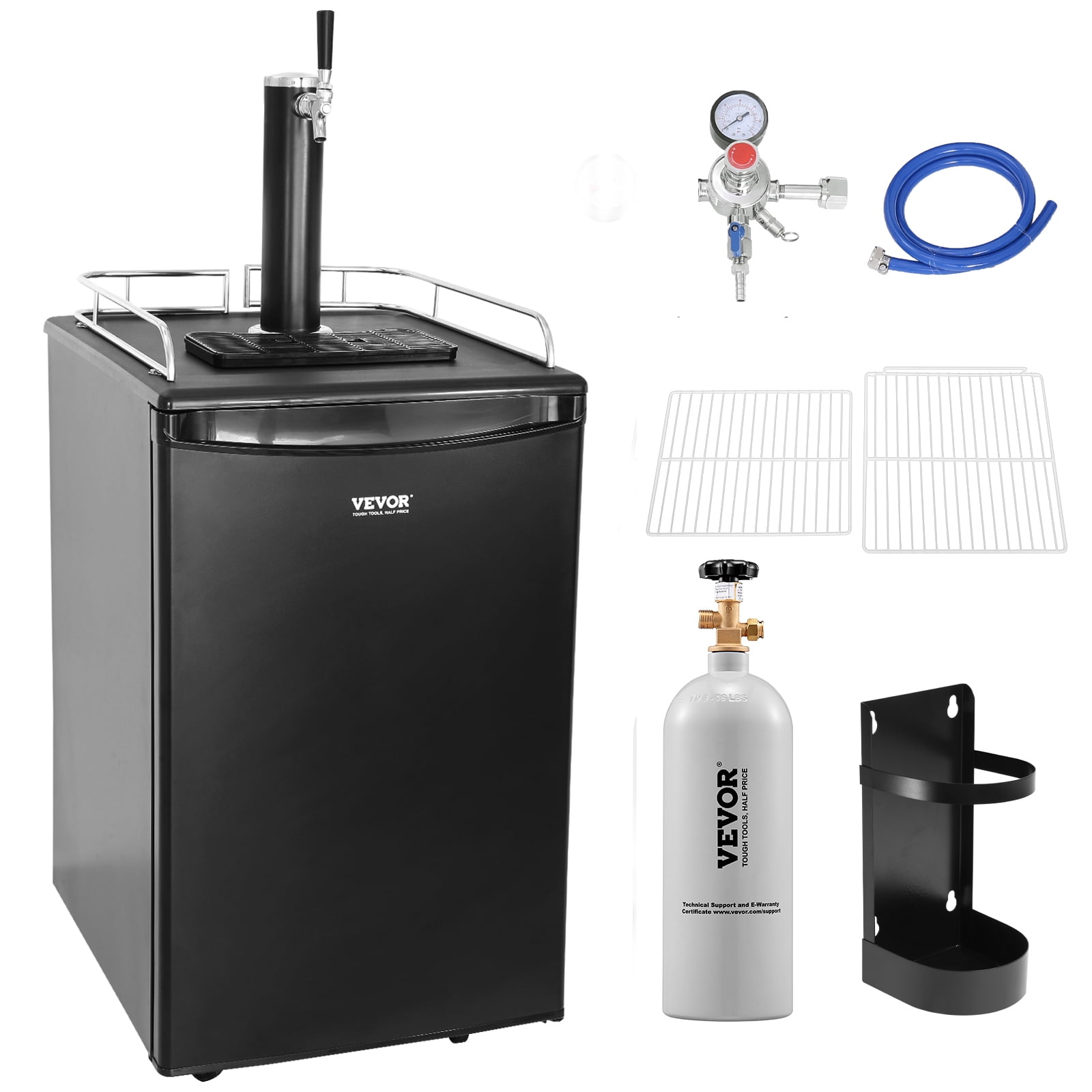 VEVOR Beer Kegerator, Single Tap Draft Beer Dispenser, Full Size Keg Refrigerator with Shelves, CO2 Cylinder, Drip Tray & Rail, 32°F- 50°F Temperature Control, Holds 1/6, 1/4, 1/2 Barrels, Black