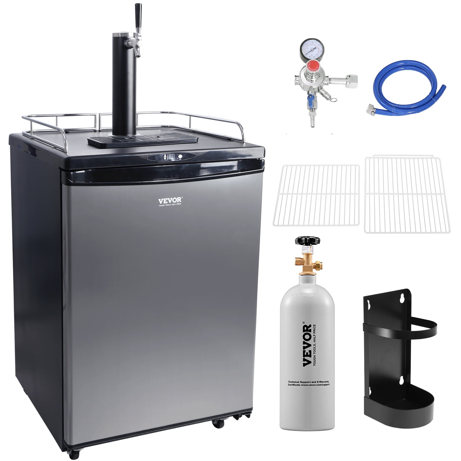 VEVOR Beer Kegerator, Single Tap Draft Beer Dispenser, Full Size Keg Refrigerator With Shelves, CO2 Cylinder, Drip Tray & Rail, 32°F- 75.2°F Temperature Control, Holds 1/6, 1/4, 1/2 Barrels, Silver