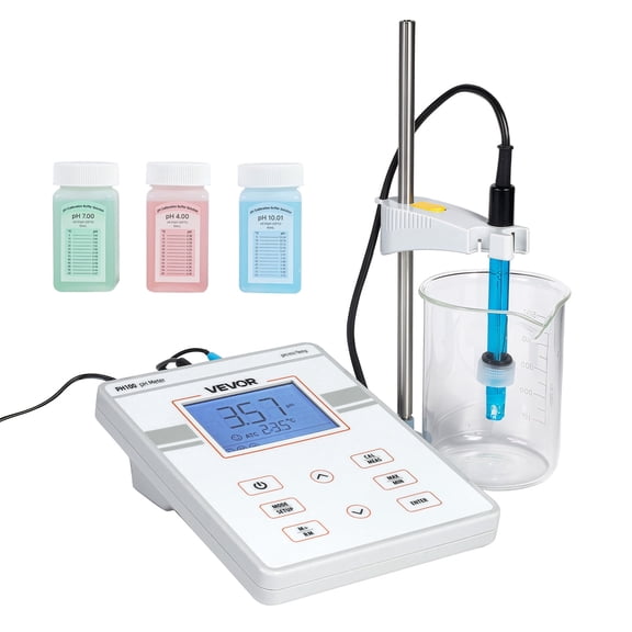 VEVOR Benchtop pH Meter, 0-14 pH Range, Laboratory Tester Kit with Large Backlit Display, Calibration Solutions, Power Adapter, Stores Up to 50 Readings, for Temperature and Water Quality Testing