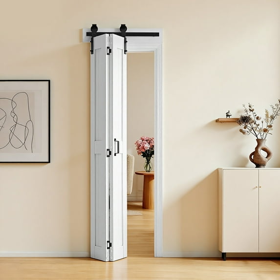 VEVOR Bifold Barn Door, 24" x 84", MDF Bi-Fold Sliding Closet Doors, Header Board and Hardware Kit Included, H-Frame Space-Saving Design, Panels Need to Assemble, Waterproof & Quiet, White