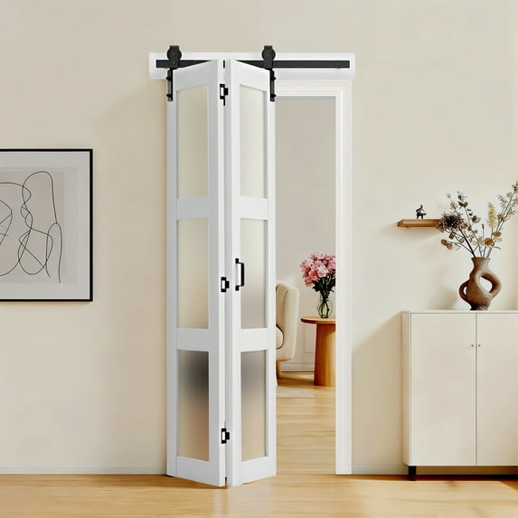 VEVOR Bifold Barn Door, 36" x 84", Frosted Glass Barn Door with Header Board and Hardware Kit Included, Space-Saving Design, Pre-Assembled Panels, Waterproof & Quiet, White