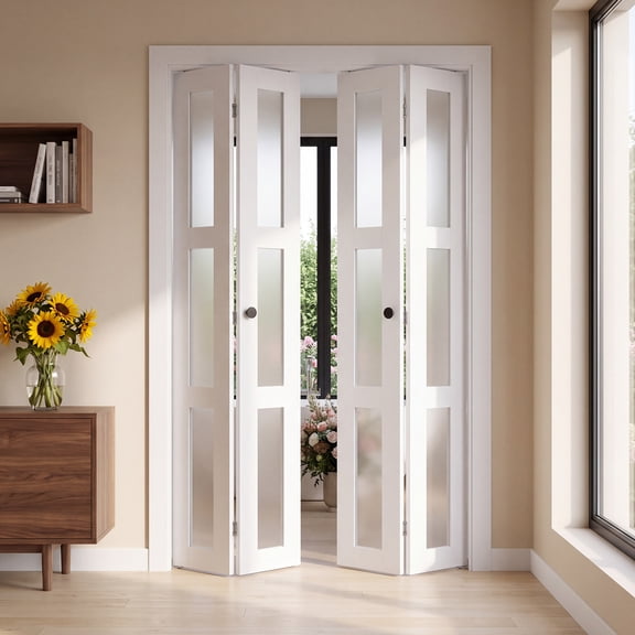 VEVOR Bifold Closet Door 4-Panel, 48" (Four 12") x 80", 3-Lite Frosted Glass Bifold Barn Door with Metal Hardware Kit & Sturdy Composite Frame, Modern Stylish & Space-Saving for Closets Bedrooms