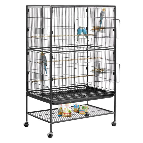 VEVOR Bird Cage, 31.5 x 20.5 x 52 inch, Flat Top, Wrought Iron Bird Flight Cage with Perches, Slide-Out Tray and Plastic Feeders, Casters, for Parrot, Blue Tit, Cockatiel, Canary, and Monk Parakeet