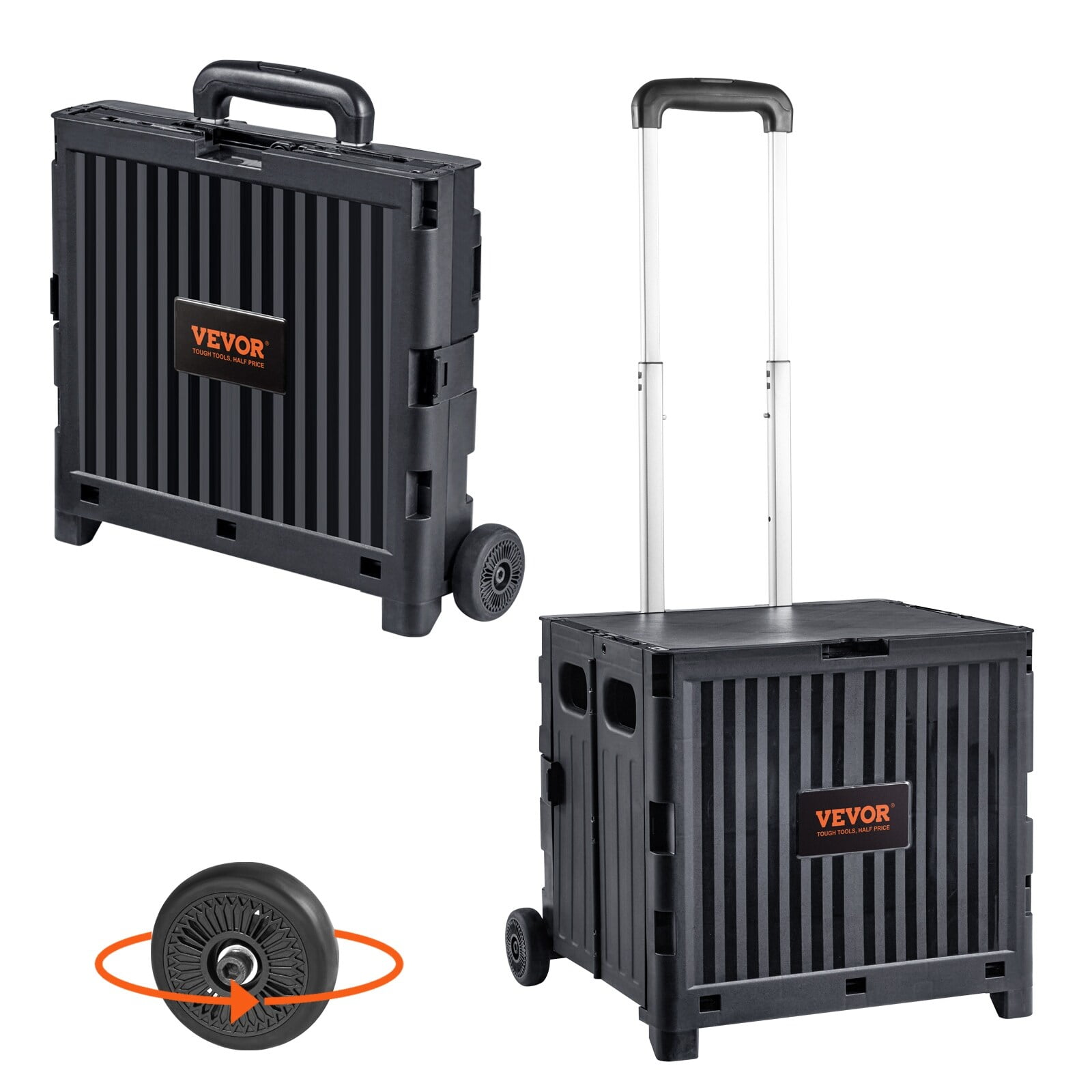 Black Polypropylene Folding Portable Rolling Handcart with Telescoping Handle