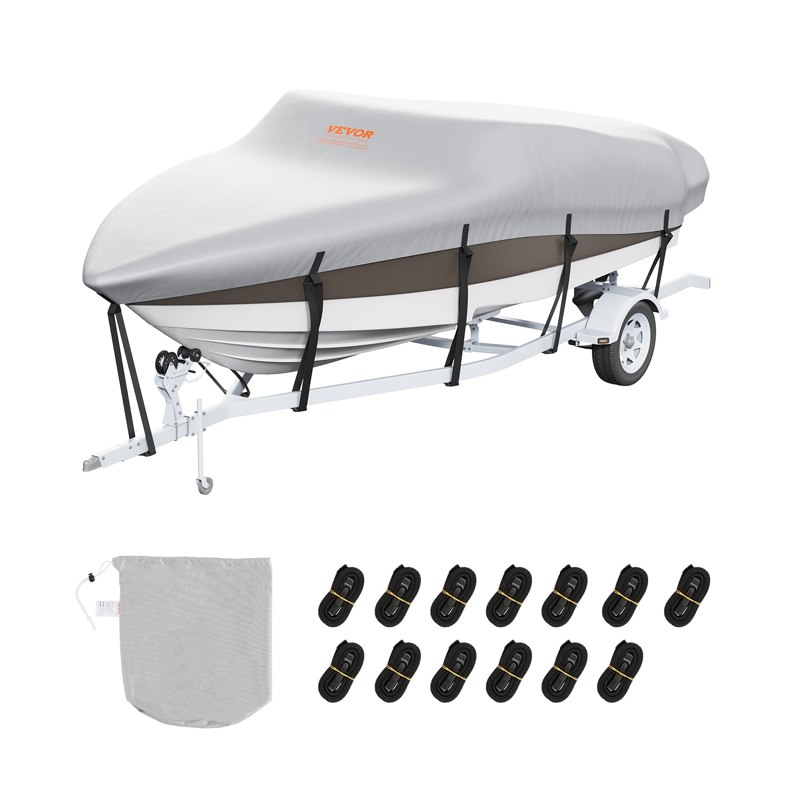 VEVOR Boat Cover, 17'-19' Trailerable Waterproof Boat Cover, 600D Marine Grade PU Oxford, with Motor Cover and Buckle Straps, for V-Hull, Tri-Hull, Runabout, Bass Boat, Fish Ski Boat, Grey