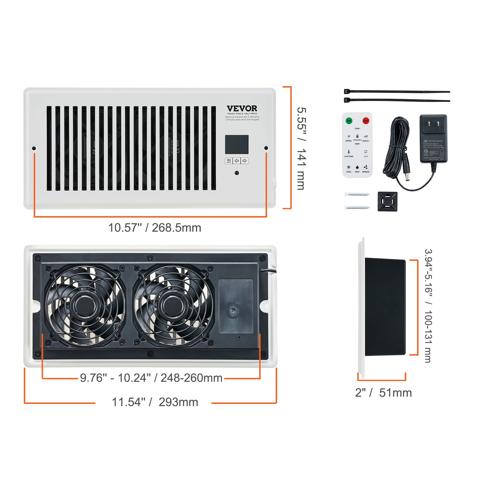 VEVOR Booster Fan 4x12in Duct Fan 100CFM 10 Adjustable Speeds with LCD Smart Controller for Wall and Floor