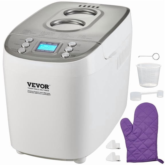 VEVOR Bread Maker, 15-in-1 3LB Dough Machine, Nonstick Ceramic Pan Automatic Breadmaker with Gluten Free Setting, Whole Wheat Bread Making, Digital, Programmable, 3 Loaf Sizes, 3 Crust Colors, White