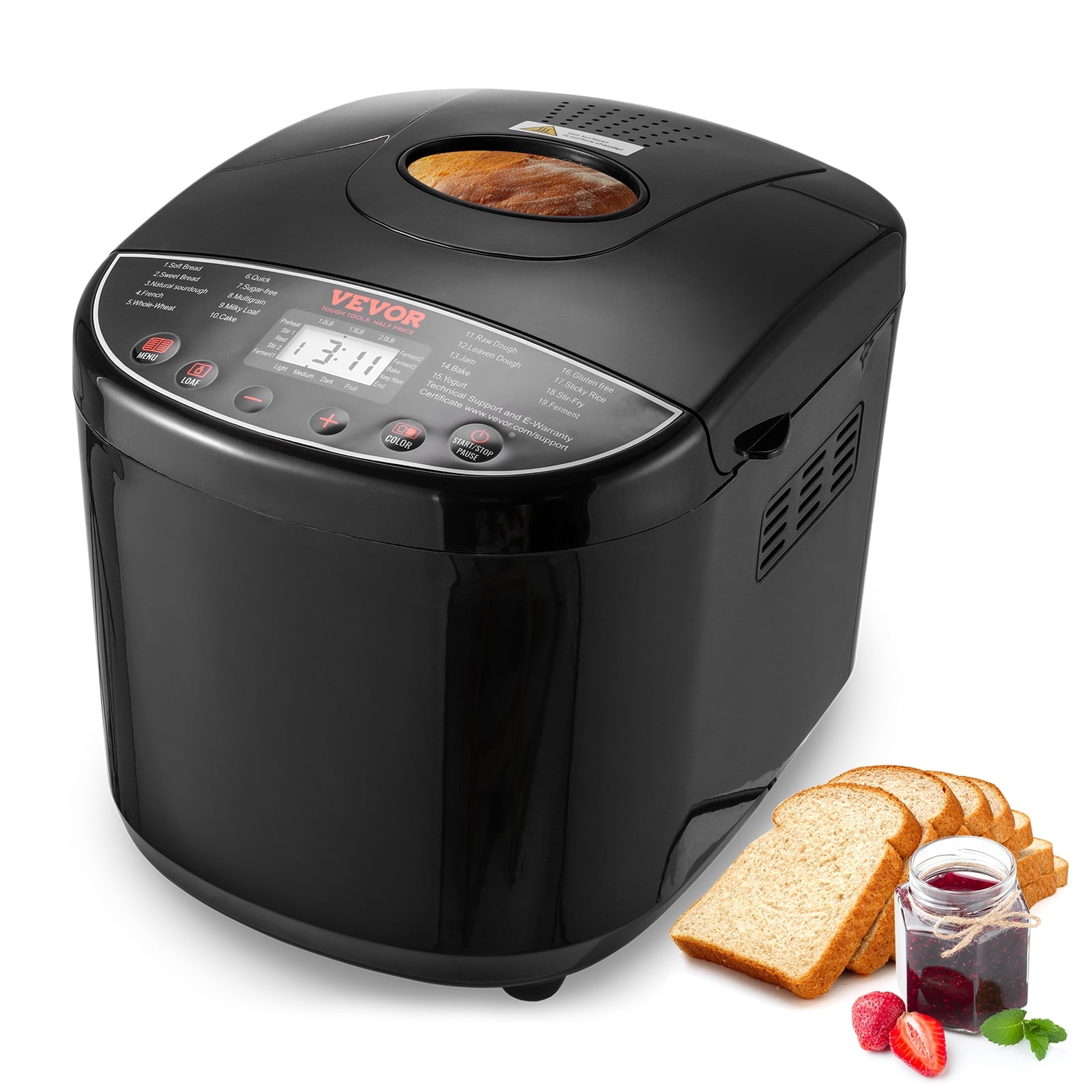 VEVOR Bread Maker, 19-in-1 2LB Dough Machine, Nonstick Ceramic Pan Automatic Breadmaker with Gluten Free Setting, Whole Wheat Bread Making, Digital, Programmable, 3 Loaf Sizes, 3 Crust Colors