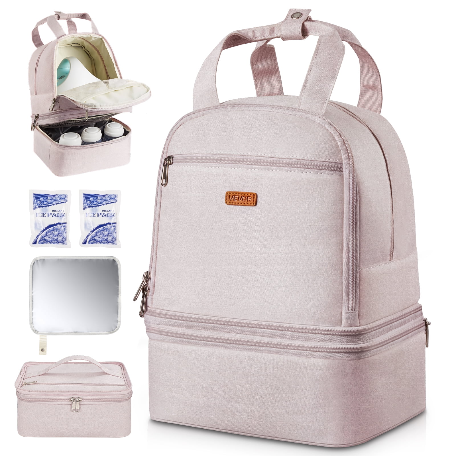 VEVOR Breast Pump Backpack, Breast Feeding Bag with Ice Pack, Fits for S1/S2, Pumping Accessories & Breastmilk Storage, Portable Pump Carrying Case for Work, Travel and Family Use, Light Pink